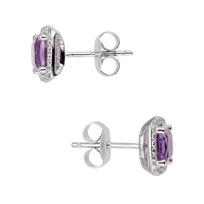 Goldsmiths 9ct White Gold Amethyst & Diamond 0.14ct Cushion Stud Earrings