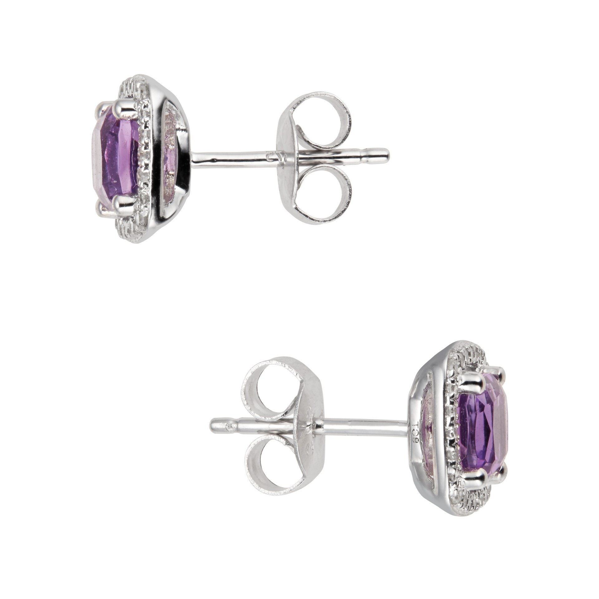 Goldsmiths 9ct White Gold Amethyst & Diamond 0.14ct Cushion Stud Earrings Goldsmiths 9ct White Gold Amethyst & Diamond 0.14ct Cushion Stud Earrings