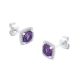 Goldsmiths 9ct White Gold Amethyst & Diamond 0.14ct Cushion Stud Earrings