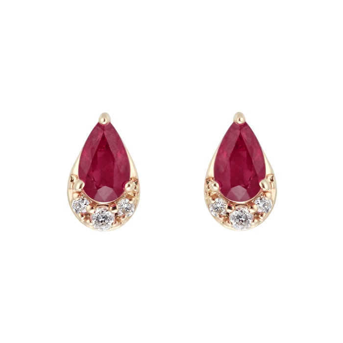 Goldsmiths 9ct Yellow Gold Pear Cut Ruby & Diamond Stud Earrings