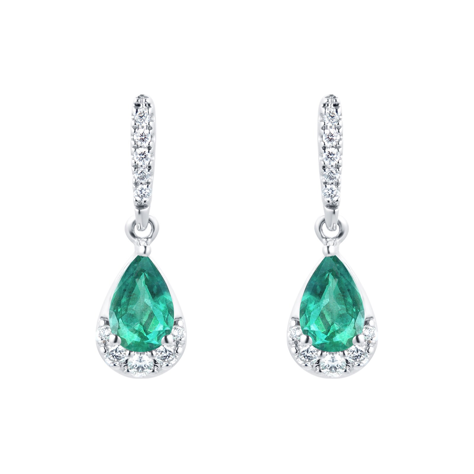 9ct White Gold Pear Cut Emerald & Diamond Drop Earrings