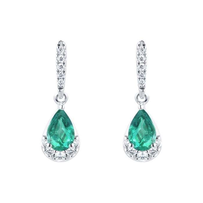 Goldsmiths 9ct White Gold Pear Cut Emerald & Diamond Drop Earrings