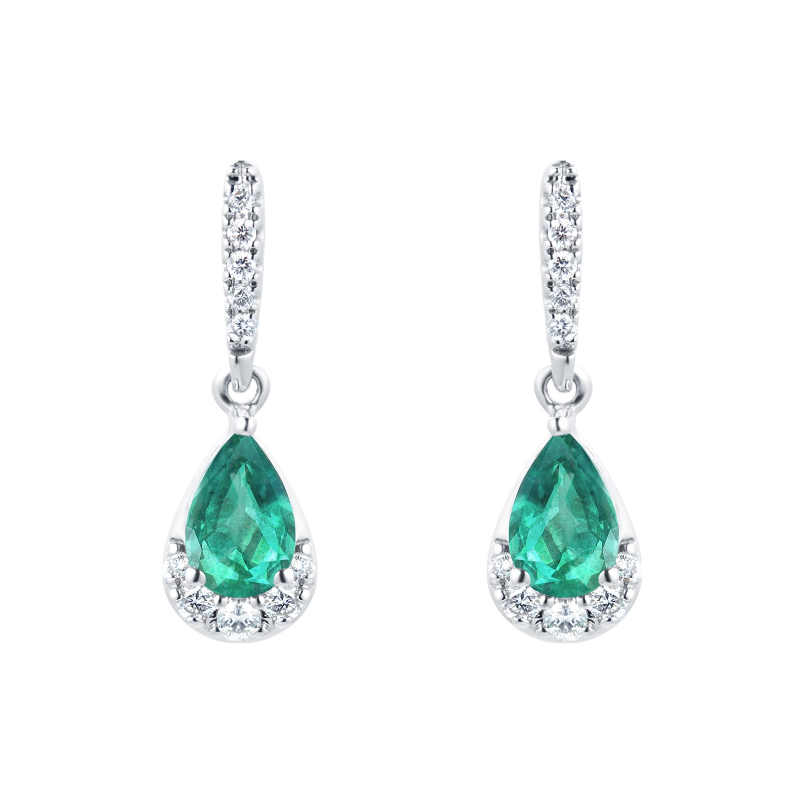 Goldsmiths 9ct White Gold Pear Cut Emerald & Diamond Drop Earrings