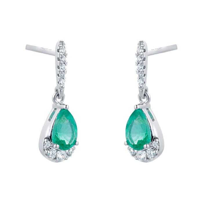 Goldsmiths 9ct White Gold Pear Cut Emerald & Diamond Drop Earrings