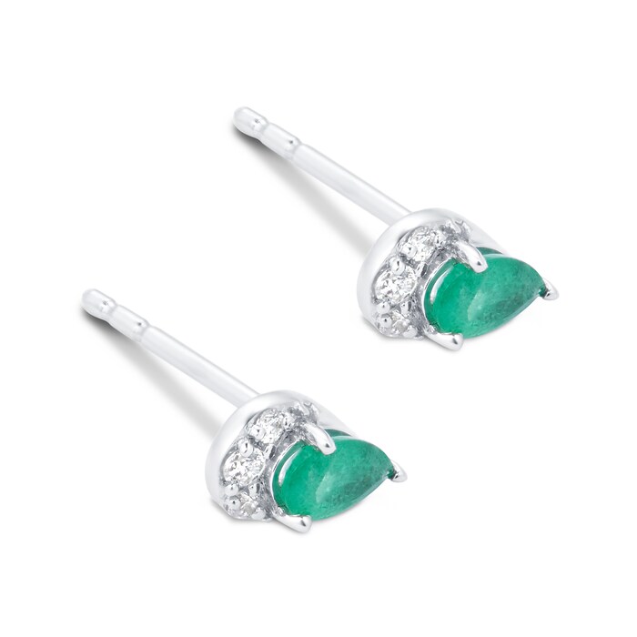 Goldsmiths 9ct White Gold Pear Cut Emerald & Diamond Stud Earrings