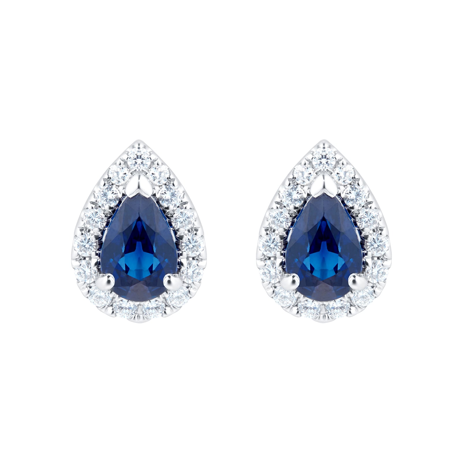 18ct White Gold Pear Sapphire & 0.28ct Diamond Halo Stud Earrings