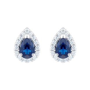 Mappin & Webb Amelia 18ct White Gold Pear Sapphire & 0.28ct Diamond Halo Stud Earrings
