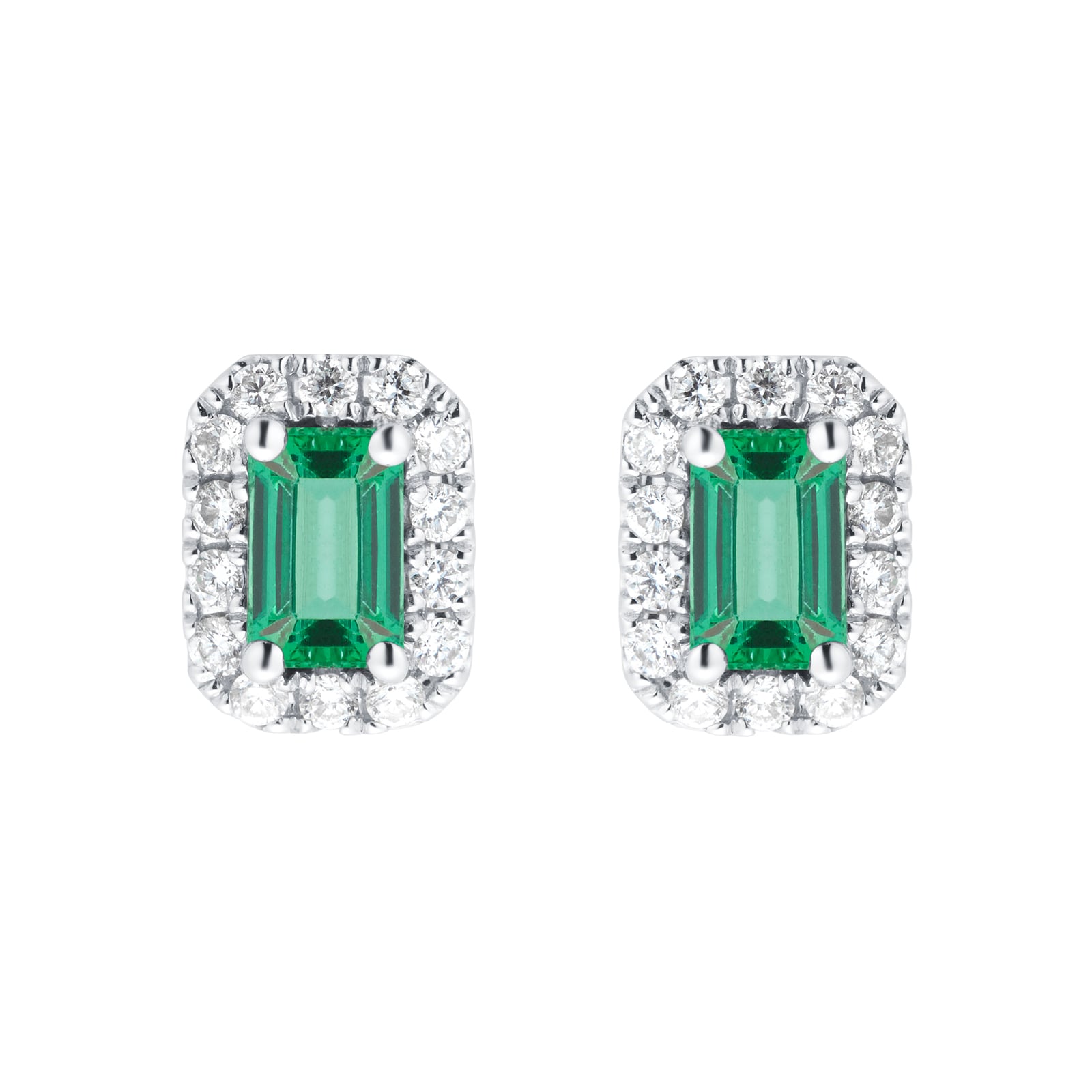 Amelia 18ct White Gold Emerald & Diamond Halo Stud Earrings