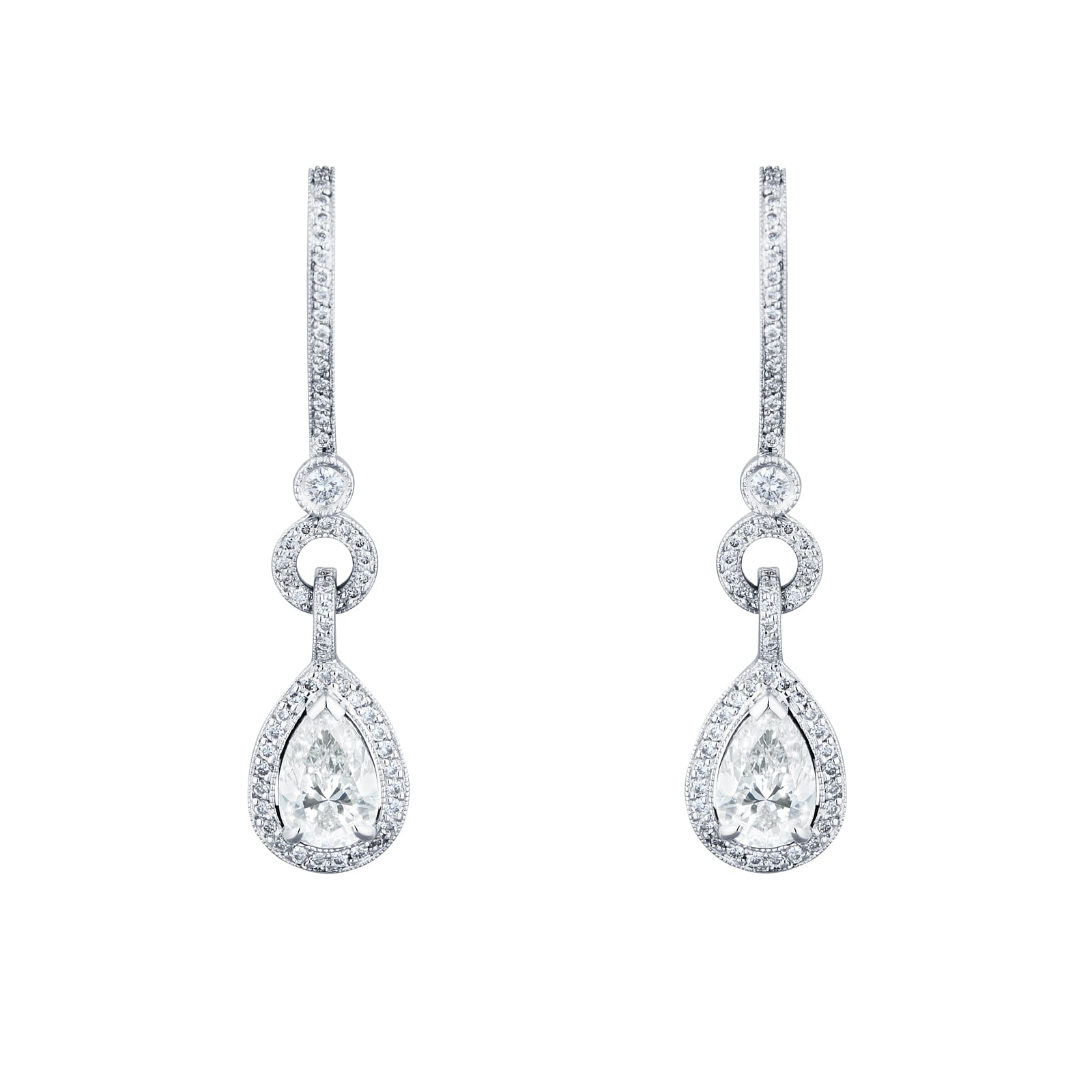 Mappin & Webb 18ct White Gold 2.62ct Pear Cut Diamond Halo Drop Earrings