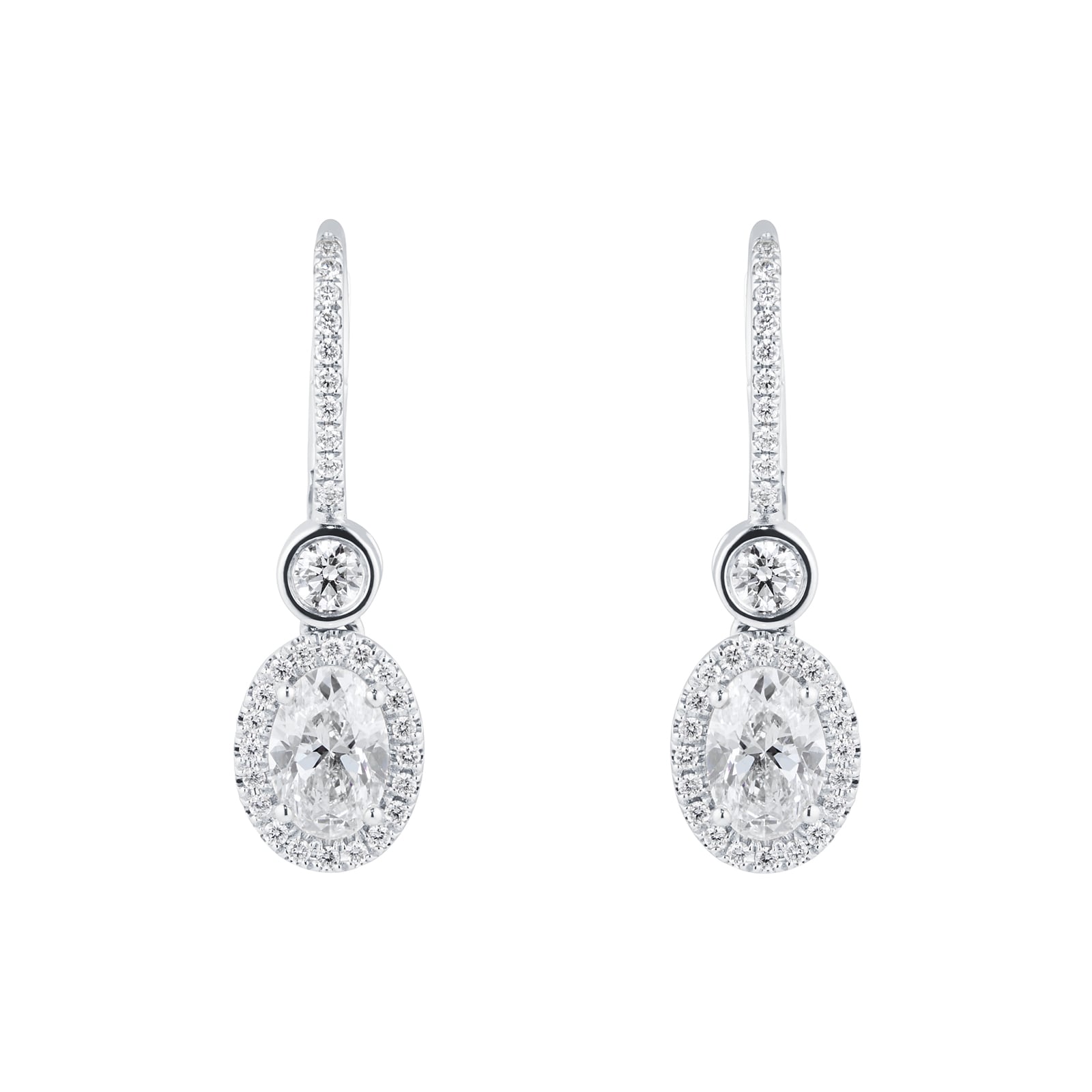 Mappin & Webb 18ct White Gold 1.74cttw Oval & Brilliant Cut Halo Drop Earrings