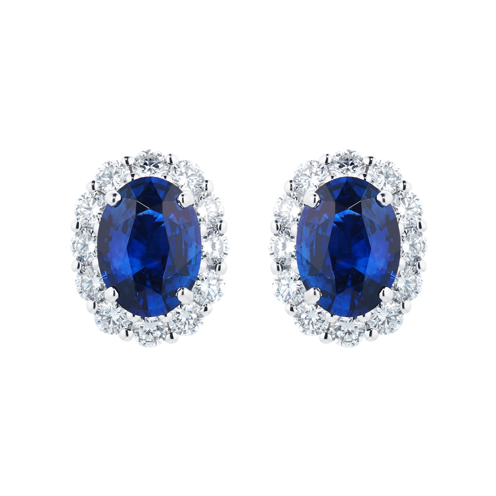 18ct White Gold Oval Cut Sapphire and Diamond Halo Stud Earrings