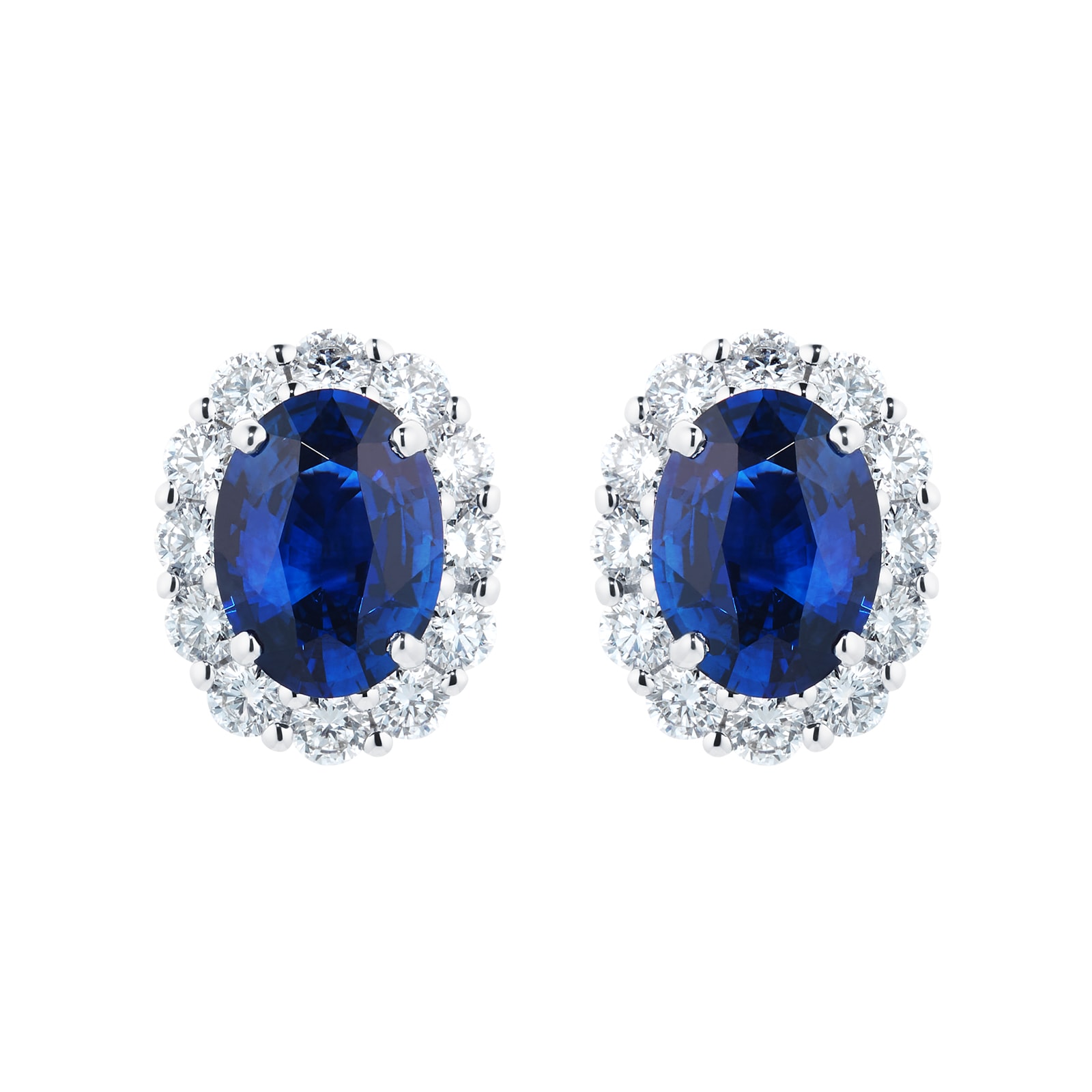 Mappin & Webb 18ct White Gold Oval Cut Sapphire and Diamond Halo Stud Earrings