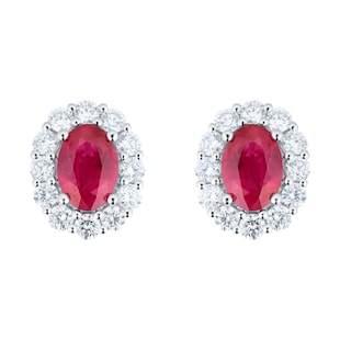 Mappin & Webb 18ct White Gold Ruby and Diamond Oval Halo Stud Earrings