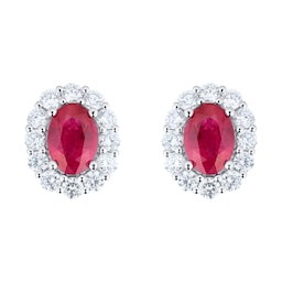 12153288 - 18ct White Gold Ruby and Diamond Oval Halo Stud Earrings