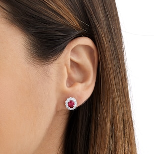 Mappin & Webb 18ct White Gold Ruby and Diamond Oval Halo Stud Earrings