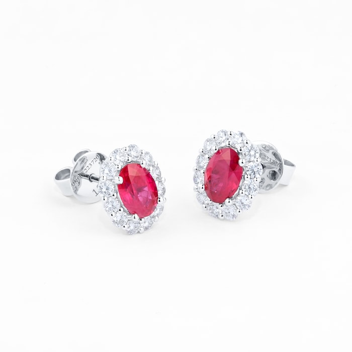 Mappin & Webb 18ct White Gold Ruby and Diamond Oval Halo Stud Earrings