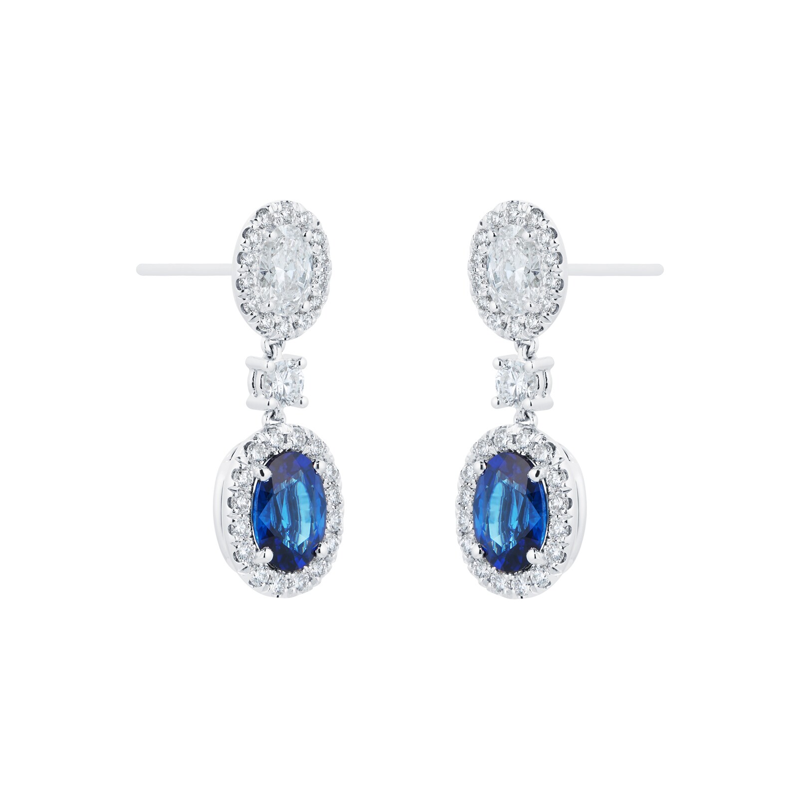 18ct White Gold Oval Cut Sapphire and Diamond Drop Earrings