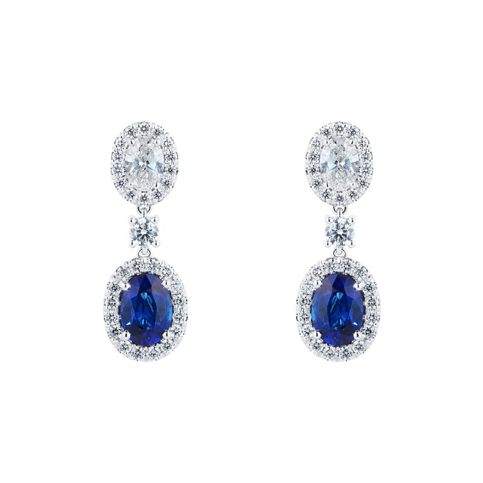 Mappin & Webb 18ct White Gold Oval Cut Sapphire and Diamond Drop Earrings