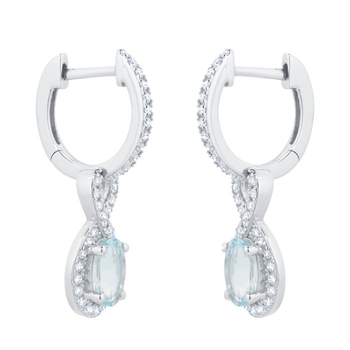 Goldsmiths 18ct White Gold 0.30cttw Diamond Twist Aquamarine Hoop Earrings