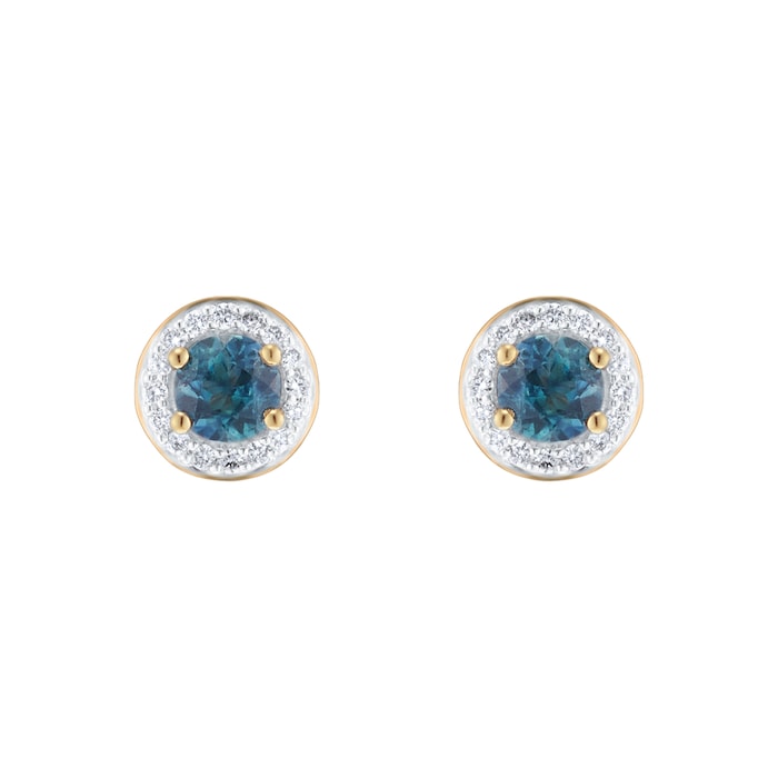 Goldsmiths 18ct Yellow Gold Teal Sapphire & 0.10ct Diamond halo Stud Earrings