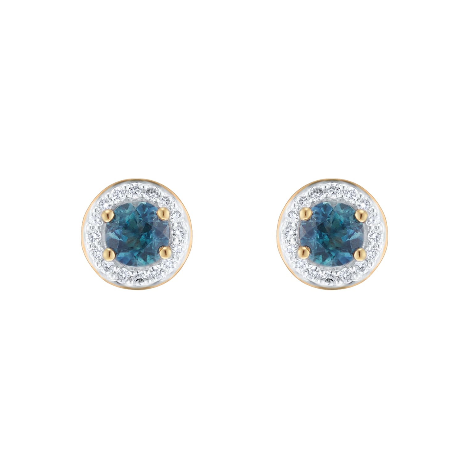 Goldsmiths 18ct Yellow Gold Teal Sapphire & 0.10ct Diamond halo Stud Earrings