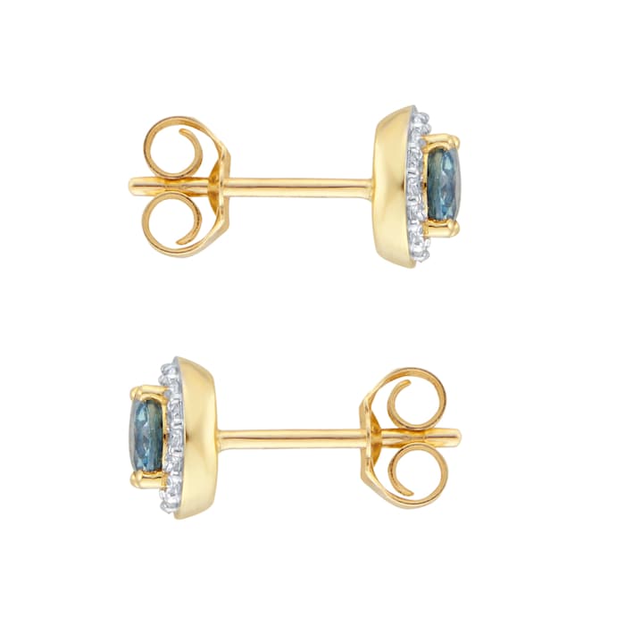 Goldsmiths 18ct Yellow Gold Teal Sapphire & 0.10ct Diamond halo Stud Earrings