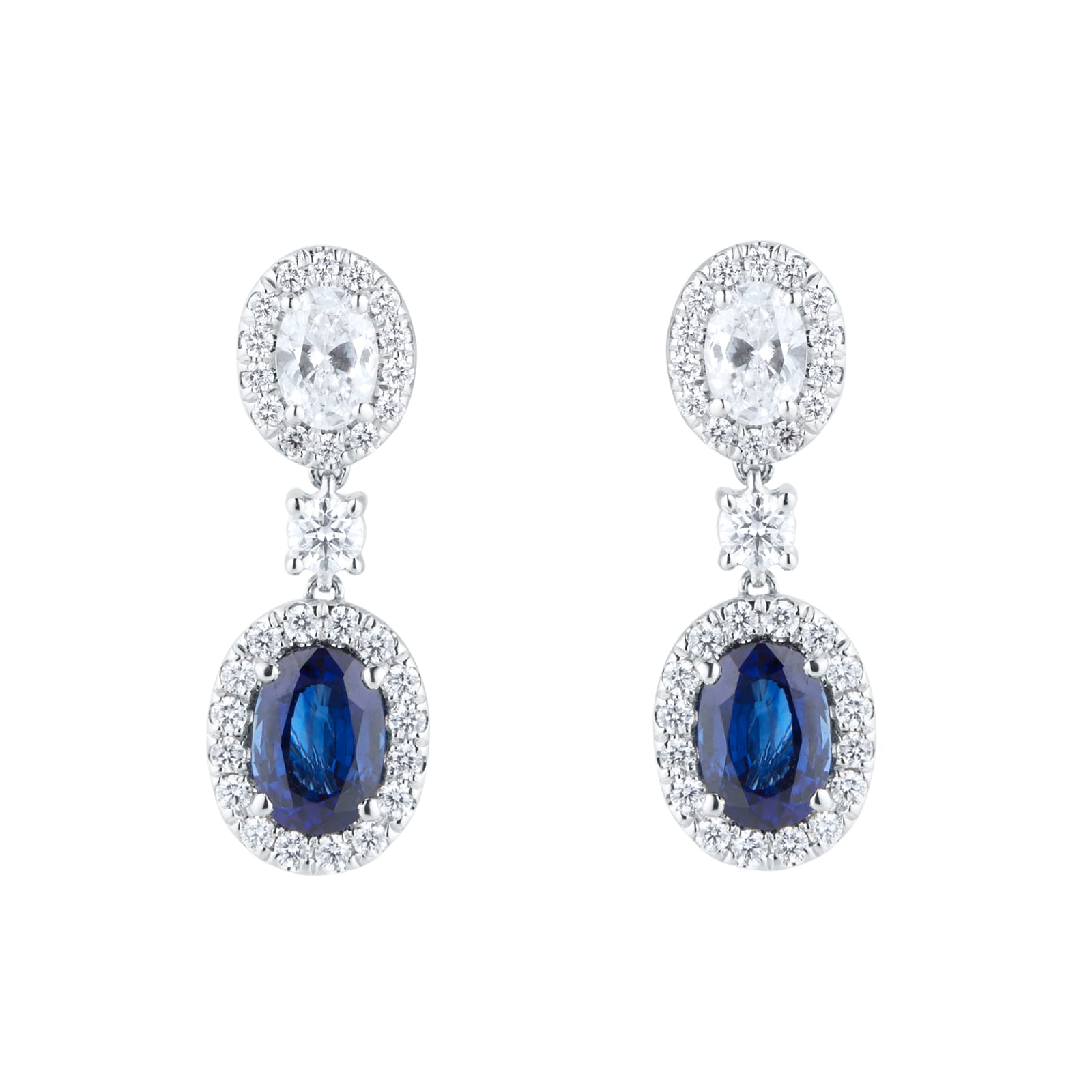 Mappin & Webb 18ct White Gold Oval Cut Sapphire & 1.06cttw Diamond Drop Earrings