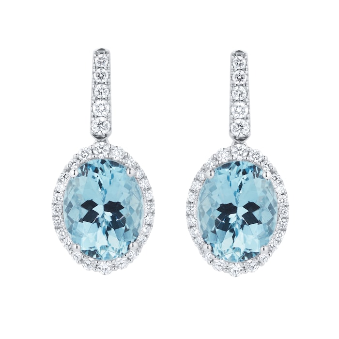 Goldsmiths 18ct White Gold Oval Cut Aquamarine and 0.50cttw Diamond Drop Earrings