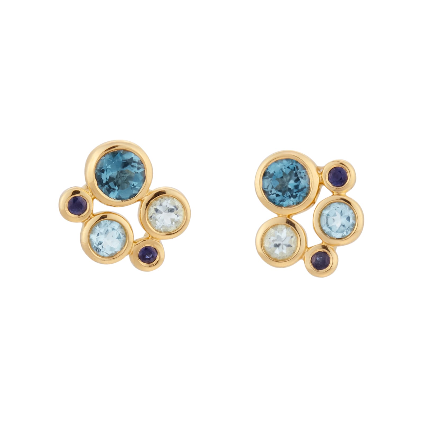 Goldsmiths 18ct Yellow Gold Sapphire Aquamarine and Blue Topaz Bezel Set Stud Earrings