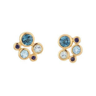 Goldsmiths 18ct Yellow Gold Sapphire Aquamarine and Blue Topaz Bezel Set Stud Earrings