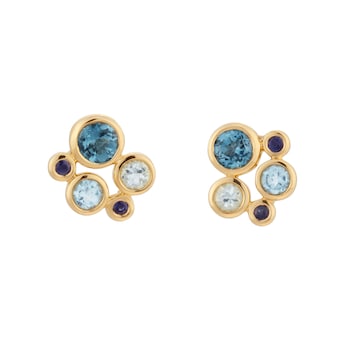 18ct Yellow Gold Sapphire Aquamarine and Blue Topaz Bezel Set Stud Earrings