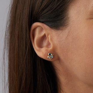 Goldsmiths 18ct Yellow Gold Sapphire Aquamarine and Blue Topaz Bezel Set Stud Earrings