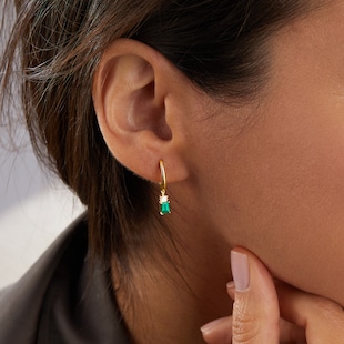 Goldsmiths 18ct Yellow Gold Emerald and 0.06cttw Diamond Hoop Earrings