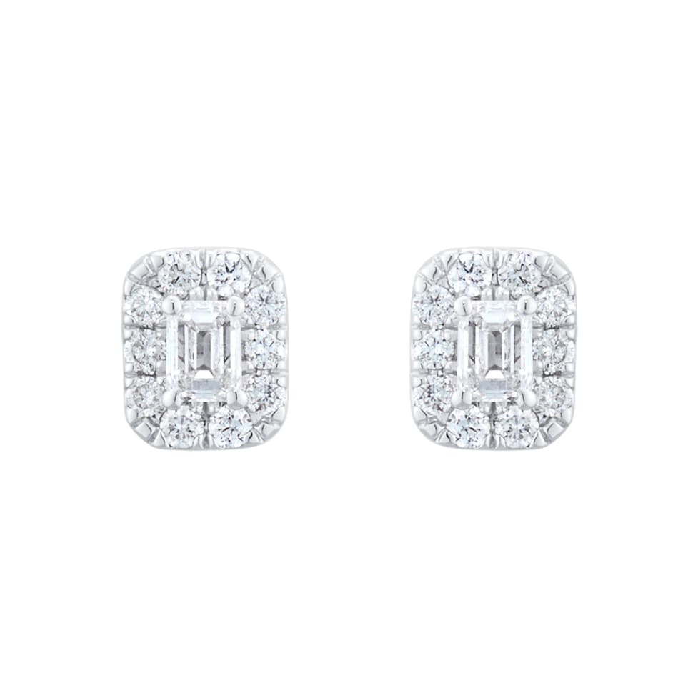 Goldsmiths 9ct White Gold 0.30cttw Emerald Cut Diamond Halo Stud Earrings