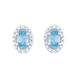 Goldsmiths 9ct White Gold Oval Blue Topaz and 0.10cttw Diamond Halo Stud Earrings