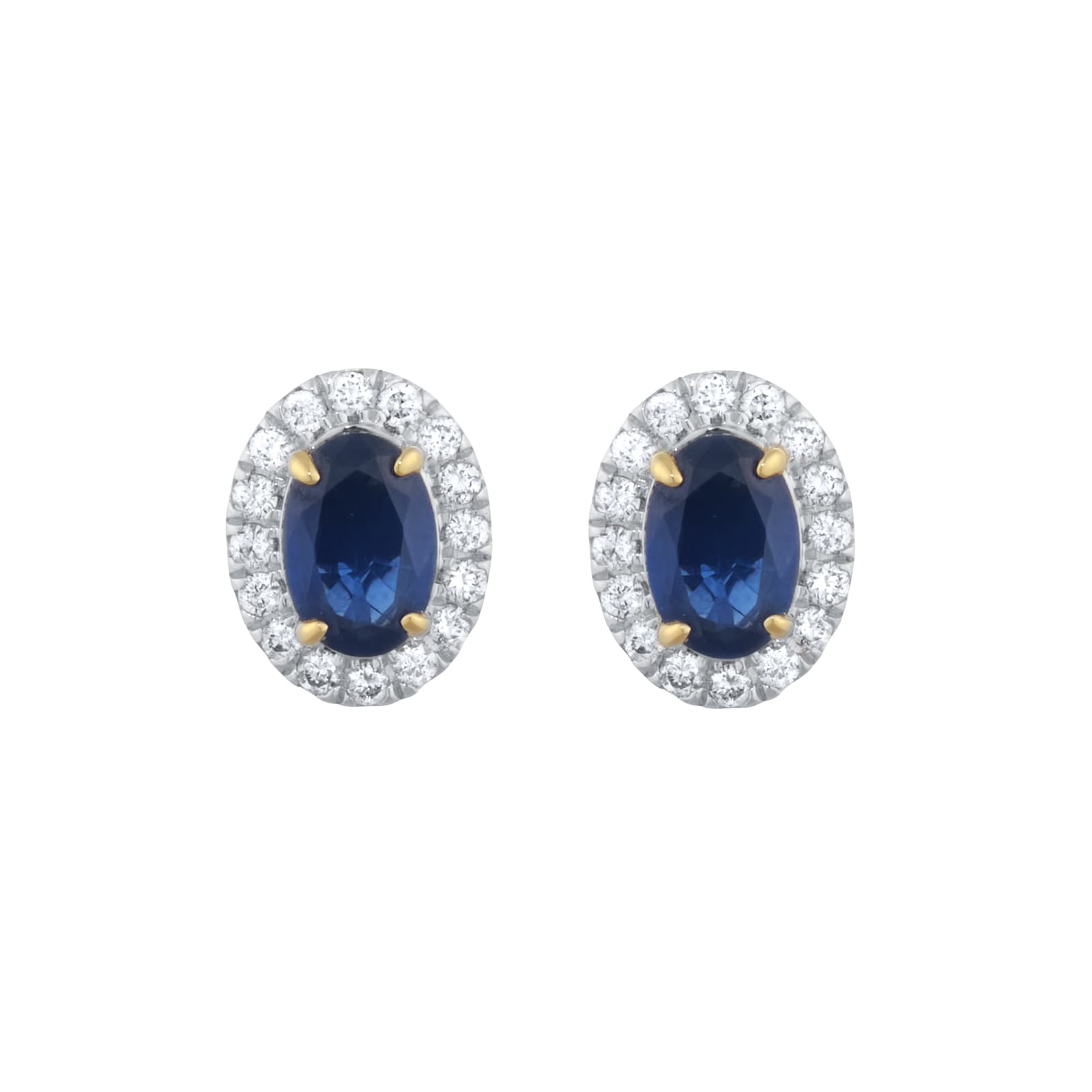 Goldsmiths 18ct Yellow Gold Oval Cut Sapphire and Diamond Halo Stud Earrings