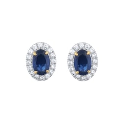12153628 - 18ct Yellow Gold Oval Cut Sapphire and Diamond Halo Stud Earrings
