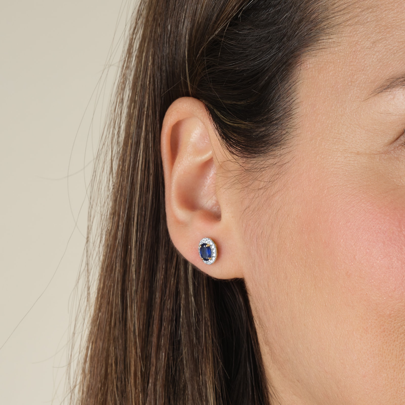 Goldsmiths 18ct Yellow Gold Oval Cut Sapphire and Diamond Halo Stud Earrings