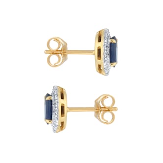 Goldsmiths 18ct Yellow Gold Oval Cut Sapphire and Diamond Halo Stud Earrings