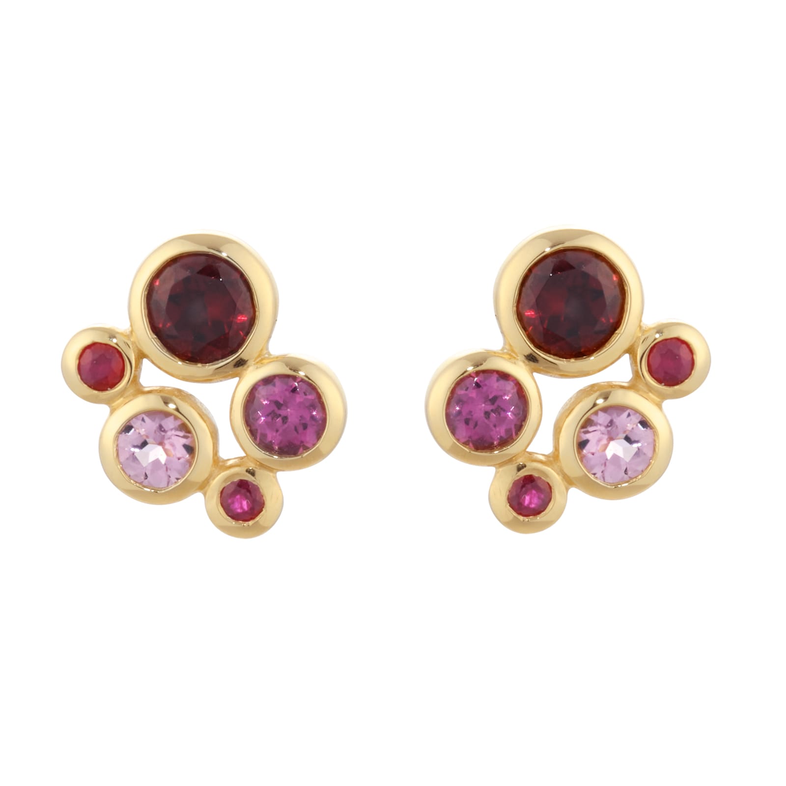 Goldsmiths 18ct Yellow Gold Ruby Garnet and Pink Tourmaline Bezel Set Stud Earrings