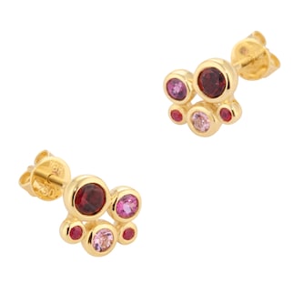 Goldsmiths 18ct Yellow Gold Ruby Garnet and Pink Tourmaline Bezel Set Stud Earrings