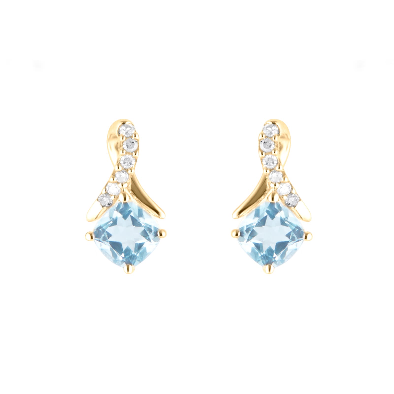 Goldsmiths 9ct Yellow Gold Cushion Cut Blue Topaz and Diamond Stud Earrings