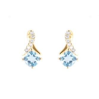 Goldsmiths 9ct Yellow Gold Cushion Cut Blue Topaz and Diamond Stud Earrings