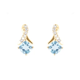 12153657 - 9ct Yellow Gold Cushion Cut Blue Topaz and Diamond Stud Earrings