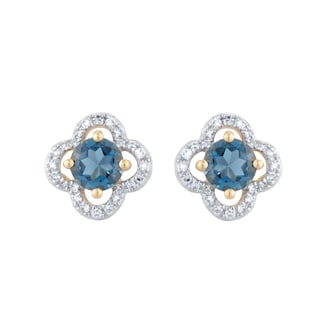Goldsmiths 9ct Yellow Gold Blue Topaz and Diamond Floral Stud Earrings