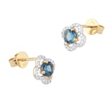 Goldsmiths 9ct Yellow Gold Blue Topaz and Diamond Floral Stud Earrings