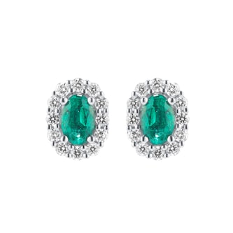 Mappin & Webb 18ct White Gold 0.44cttw Diamond & 0.76cttw Oval Cut Emerald Stud Earrings