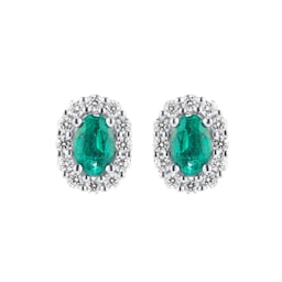 12153694 - 18ct White Gold 0.44cttw Diamond & 0.76cttw Oval Cut Emerald Stud Earrings