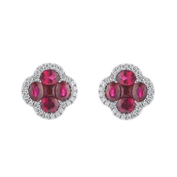 12153695 - 18ct White Gold 0.23ct Diamond & 2.11cttw Ruby Floral Stud Earrings