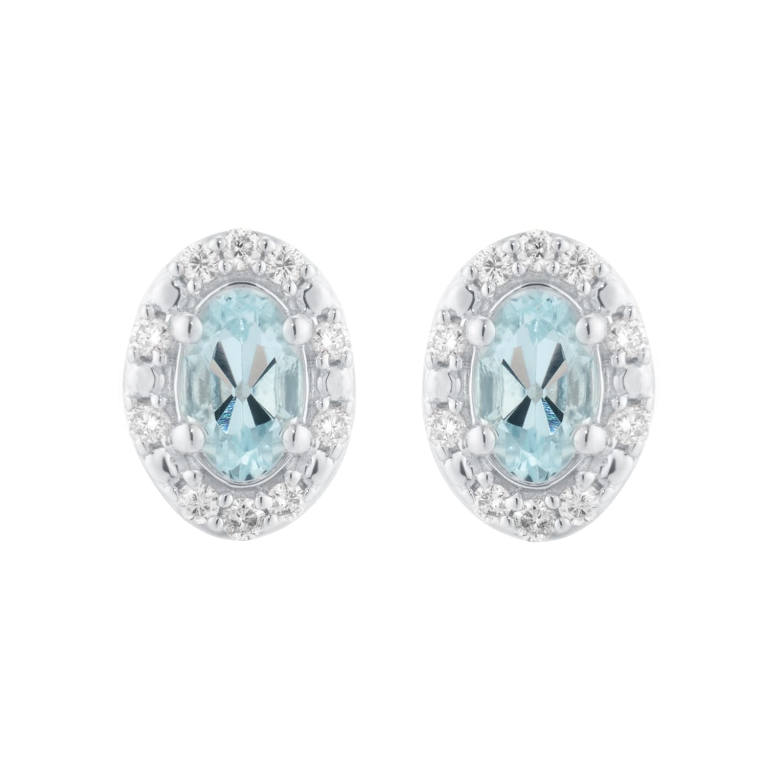 Goldsmiths 9ct White Gold Oval Aquamarine and 0.10cttw Diamond Halo Stud Earrings Goldsmiths 9ct White Gold Oval Aquamarine and 0.10cttw Diamond Halo Stud Earrings